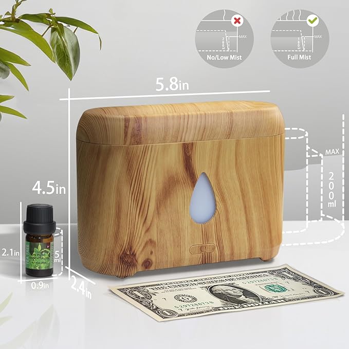 Flame Diffuser for Essential Oils, 200ml Ultrasonic Aroma Diffusers with Cool Mist, Aromatherapy Diffuser with Auto-Off Protection (Wooden Grain(7 Colors), Peppermint+Lavender+Tea Tree+Lemon) - Bloomnest