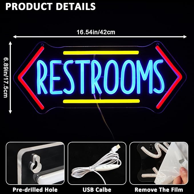 Restroom Neon Sign for Wall Decor, Toilet Led Signs for Bathroom, Unisex Bathroom Sign, USB Dimmable Neon Lights for Restrooms Shop Business Market Store Restaurant Bathroom Bar Hotels - Bloomnest