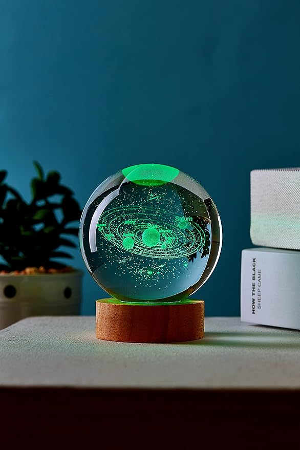 3.15 inch Solar System Crystal Ball lamp,3D K9 Crystal Ball Night Light with Wooden Base,16 Colors Change with Remote Control,Galaxy Light,Birthday Gift for Friends (Solar System) - Bloomnest
