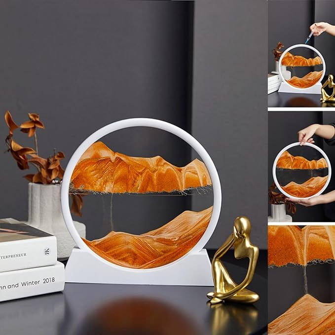 BGFJYUK Moving Sand Art Picture in Motion, Round Glass 3D Deep Sea Sandscapes with Display Flowing Sand Frame for Relaxing Desktop Home Office Work Décor for Kids Adults (White Frame Orange,7inch) - Bloomnest