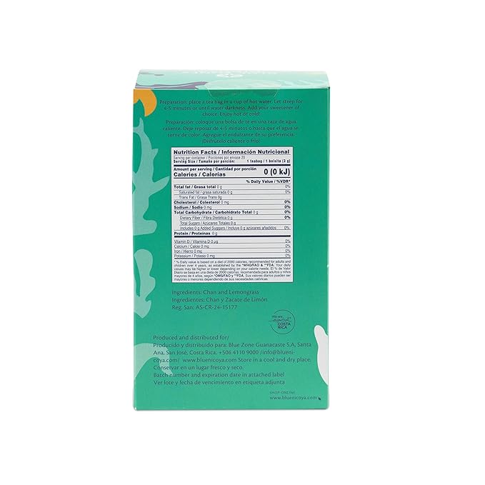 Blue Zones Nicoya - Chan & Lemon Grass Flavored Tea Bags - 100% Natural, Organic, and Refreshing - High Micronutrients - Gluten, Caffeine, Sugar-Free - Pack of 18 (1.59 oz/ 45 g) - Bloomnest