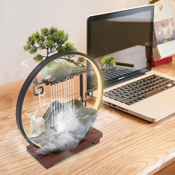 15In Water Fountains Indoor Tabletop Waterfall Humidifier with LED Light and Atomizer Mist, Japanese Zen Decor Meditation Fake Plants Bonsai Feng Shui Decor Festival Birthday surprise Good Luck Wealth - Bloomnest