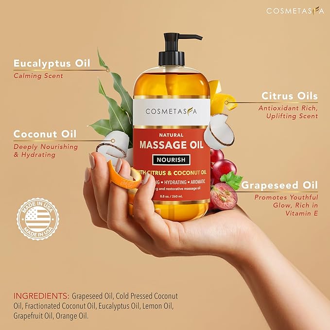 Natural Nourishing Citrus & Coconut Massage Oil- Smooth Glide, Non Greasy Therapeutic Massage Oils with Rejuvenating, Hydrating & Aromatic Essential Oils for Dry Skin, Soothes Muscle & Joints 8.8 oz - Bloomnest