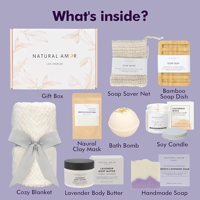 Natural Amor 8-Piece Spa Gift Set with Blanket – Self-Care Box with Lavender Body Butter, Soap, Candle – Blanket with Grey Ribbon Gift for Women, Birthday, Holiday - Bloomnest