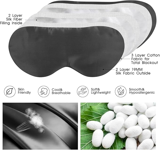 Mulberry Silk Blackout Adjustable Sleep Eye Mask for Men/Women Travel Plane,Charcoal - Bloomnest