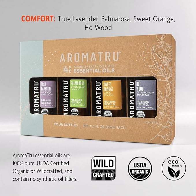 Comfort Essential Oil Kit – True Lavender, Palmarosa, Sweet Orange, and Ho Wood – Organic & Wildcrafted – ISO Certified – No Synthetic Fillers – Ethically Sourced - Bloomnest