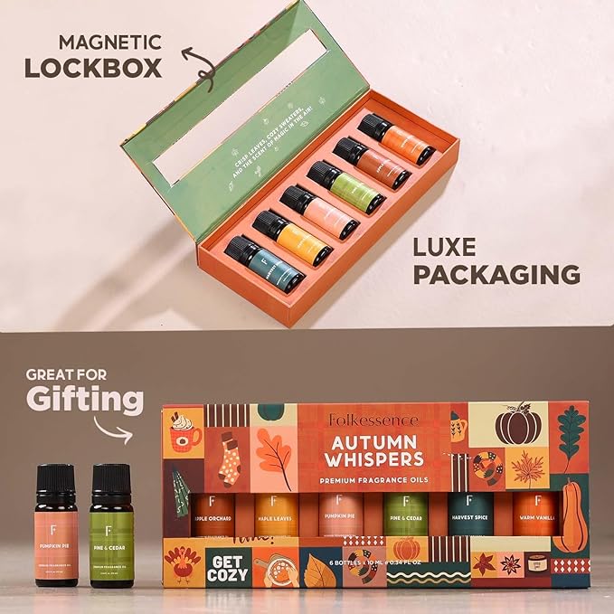 Folkulture Essential Oils for Diffuser | Fall Essential Oils Set of 6x0.34 fl oz | 60 ml Fragrance Oil, Diffusers Oils Fall Scents for Home | Oil Diffusers Fragrances for Diffusers | Pumpkin Spice oil - Bloomnest