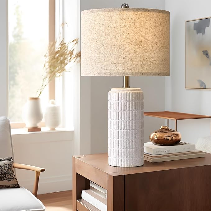 PoKat 23" Table Lamp, Farmhouse Bedside Lamps for Bedroom Set of 2, Ceramic End Table Lamps for Living Room, Traditional Nightstand Desk Lamps, Frosted White Lamps, Medium - Bloomnest
