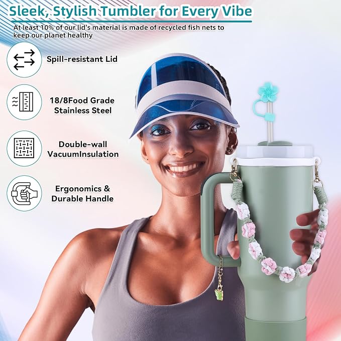 40 oz Tumbler Insulated Mug w/Straw & Flip Cap Lids - Cup Holder Bottle with 6 Accessories Set for Hot, Cold Drink - Leak-Proof - Water, Coffee Portable Travel Mug (Agave) - Bloomnest