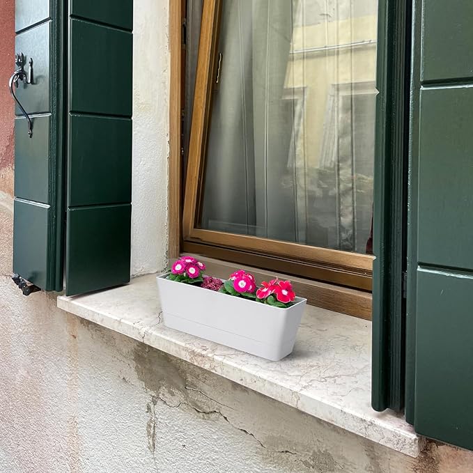 GREANER Flower Boxes, 3 Pack 12x3.8 Inch Rectangle Window Boxes, Herb Planters with Tray, Indoor Succulent Cactus Flowers Plastic Drawable Pot for Windowsill, Garden, Balcony, Office Outdoor (White) - Bloomnest