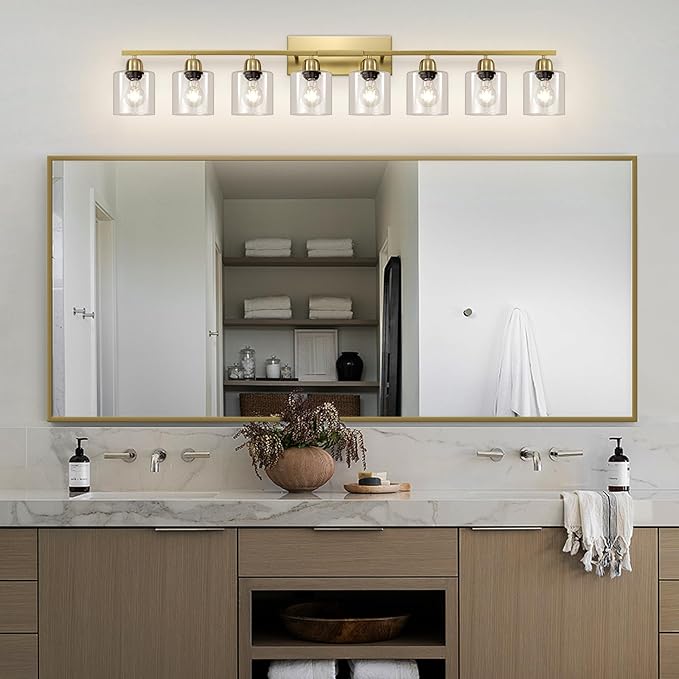 Modern Brushed Gold 8 Light Bathroom Light Fixtures, 52 inch Vanity Lights for Bathroom with Clear Glass for Mirror Kitchen Living Room Hallway Cabinet Porch - Bloomnest