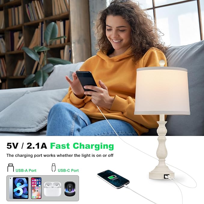 23'' Farmhouse Table Lamps for Living Room Set of 2 with USB C+A Ports, Retro Bedside Lamp for Bedroom, Office, Dining Room, Knob Switch, 3 Color Temperatures, Bulb Included, Beige - Bloomnest