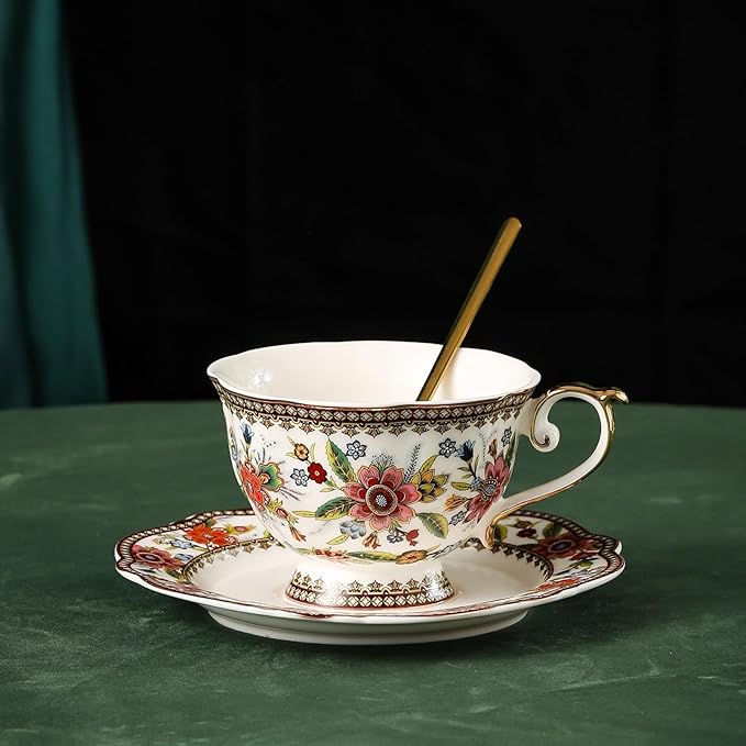 ACMLIFE Bone China Tea Cup and Saucer Set for 1, Vintage Floral Tea Cup with Saucer, Spoon and Gift Box, 6.8 oz (Pink-A) - Bloomnest