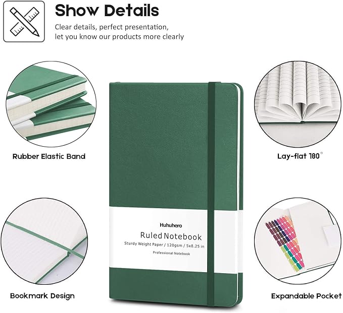Huhuhero Notebooks Journal, Ruled Notebook, Premium Thick Paper Lined Journal, Black Hardcover Notebook for Office Home School Business Writing Note Taking Journaling, 5"×8.25" (5, Green) - Bloomnest