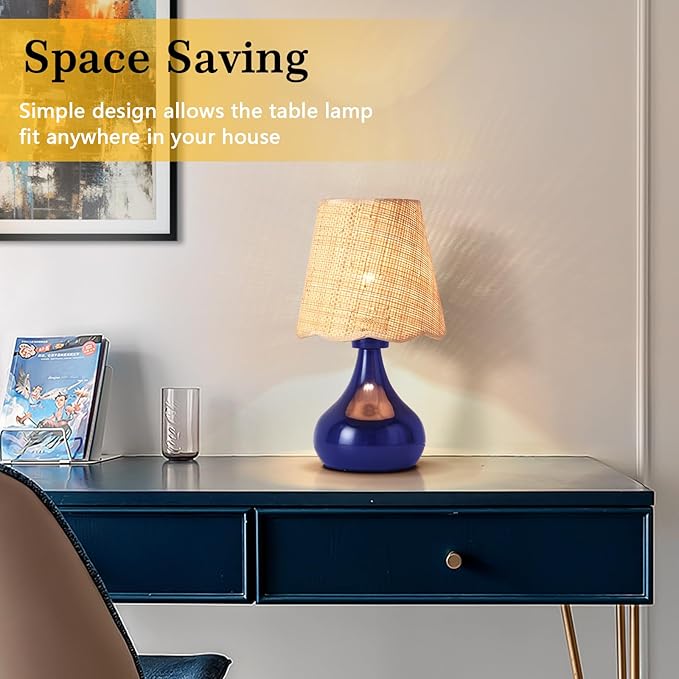 Navy Blue Small Table Lamp, Mini Bedroom Lamps for Bedside Nightstand, Rattan Shade Small Table Lamps for Small Spaces for Kitchen Counter, Bookshelf, Home Office, Living Room, Dorm - Bloomnest
