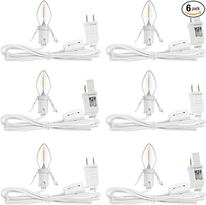 6 Packs 6ft Village Light Cord with 1W C7 LED Bulb, Salt Lamp Cord with ON/Off Switch and 2 Spare Fuses, Blow Mold Light Ideal for Christmas Village House Craft Decorations - Bloomnest