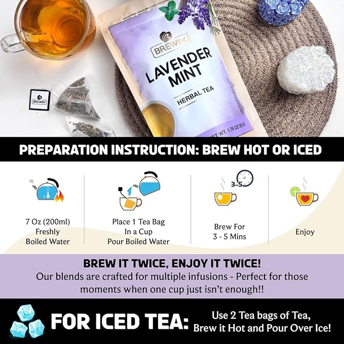 BREWIX, Lavender Mint (25 Pyramid Tea Bags) | Herbal, Caffeine Free, Lavender with Peppermint and Rosemary - Bloomnest