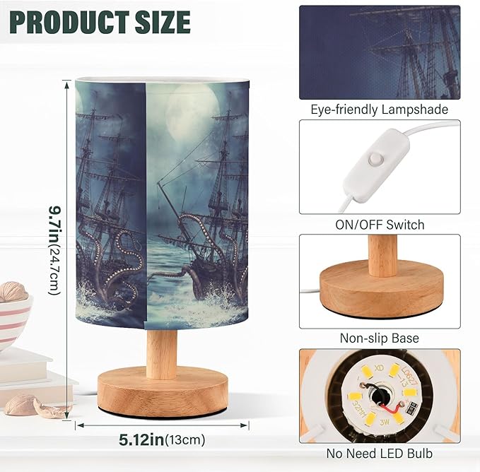 Table Lamp Octopus Pirate Ship Sea Monster Tentacle Sailboat Night Ocean Wave Nightstand Lamp with Wood Base Fabric Lamp Shade Bedside Desk Lamp for Living Room Bedroom Kids Room Office - Bloomnest