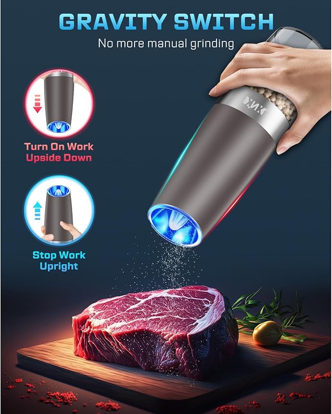 XinXu Gravity Electric Pepper and Salt Grinder Set, Adjustable Coarseness, with LED Light, One Hand Automatic Operation (Set/Brown X) - Bloomnest