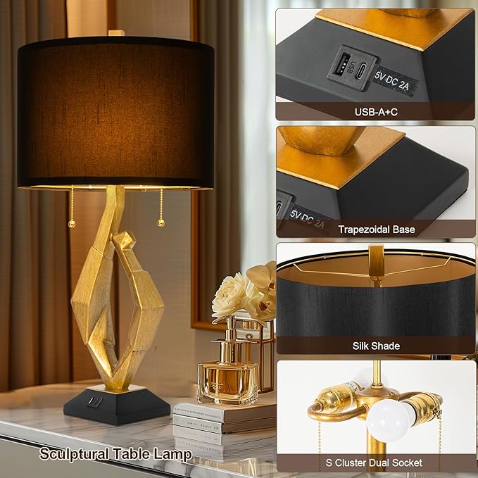 Sculptural Table Lamp Set of 2 with USB Ports For Living Room, Gold Leaf Finish Farmhouse Bedside Lamps with S Cluster Pull Chains Switch for Bedroom, Rustic Nightstand Lamp for Office, Hotel, Bar - Bloomnest