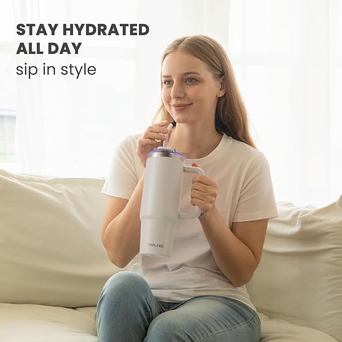 30 oz Tumbler with Handle, Tumbler with Lid and Straw, Double Wall Vacuum Insulated Travel Mug Stainless Steel Tumbler for Hot and Cold, Cupholder Friendly (Almond Birch) - Bloomnest
