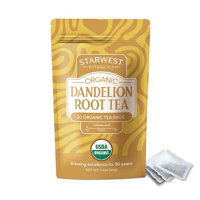Starwest Botanicals Organic Dandelion Root Tea - Cleansing Herbal Tea, Caffeine Free, Natural Elimination Support, String Free Sachets, USDA Organic Dandelion Root Roasted, Non GMO - 20 Tea Bags - Bloomnest