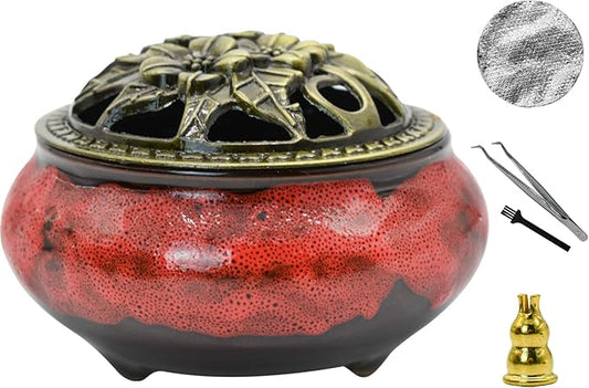 MrMrKura Ceramic Incense Burner with Lid, Incense Holder for Sticks Incense Cone Holder with Brass Incense Stick Holder for Yoga Meditation Home Decor (Fambe Red) - Bloomnest
