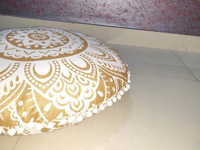 24" White Gold Flower Mandala Barmeri Large Floor Pillow Cover Cushion Meditation Seating Ottoman Throw Cover Hippie Decorative Zipped Bohemian Pouf Ottoman Pom Pom Cases ( 24 " round) - Bloomnest