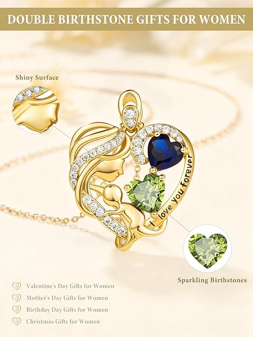 14K Gold Double Birthstone Heart Necklace for Women Mom, Mother Son/Daughter Pendant Necklace for Christmas Mother's Day Birthday Gifts for Wife Daughter Grandmom - Bloomnest