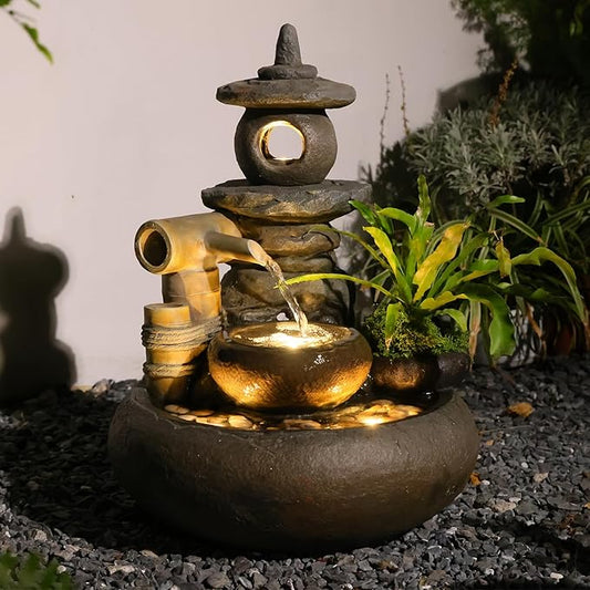 21" H Pagoda and Bamboo Outdoor&Indoor Outdoor Water Fountain, Natural Zen Decor Desian Outside Waterfall with LED Lights - Suitable for Garden/Patio/Yard/Deck/Balcony and Home Art Decor Resin - Bloomnest