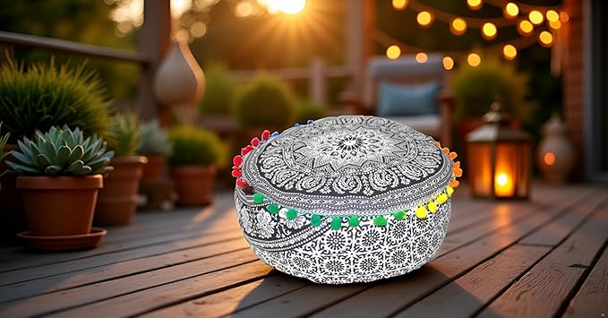 INDIAN CRAFT CASTLE ICC Mandala Barmeri Large Floor Pillow Cover Cushion Meditation Seating Ottoman Throw Cover Hippie Decorative Zipped Bohemian Pouf Ottoman Cases Black Elephant 18" Round - Bloomnest