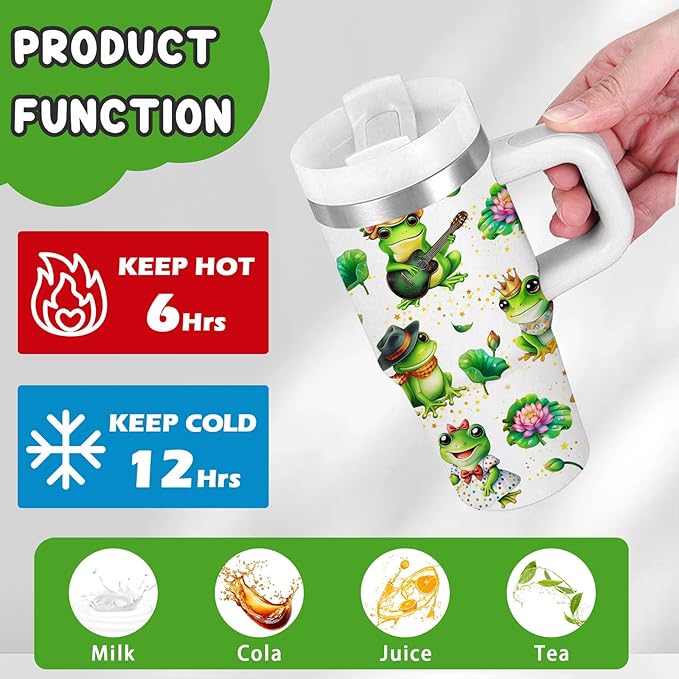 Frog Tumbler Gifts, 14 oz Frog Themed Tumbler with Handle and Straw, Stainless Steel Double Wall Vacuum Insulated Cup Keep Hot Cold - 14oz Travel Mug with Lid Tumblers for Home Work Outdoor Use - Bloomnest