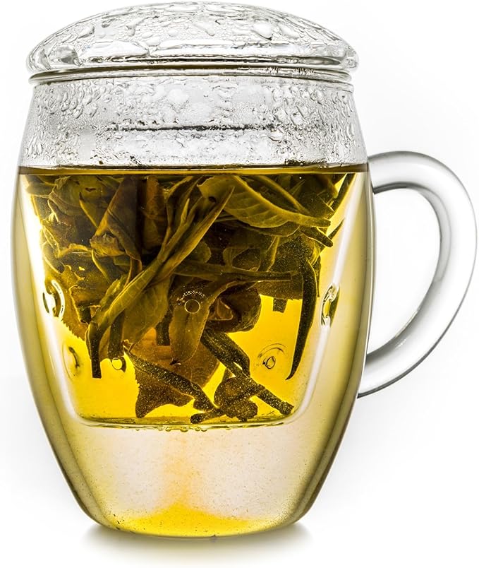Creano Tea Glass with Infuser and Lid 400ml - Large Tea Cup - Microwave & Dishwasher Safe - Loose Leaf Tea Maker Gift Set - Bloomnest