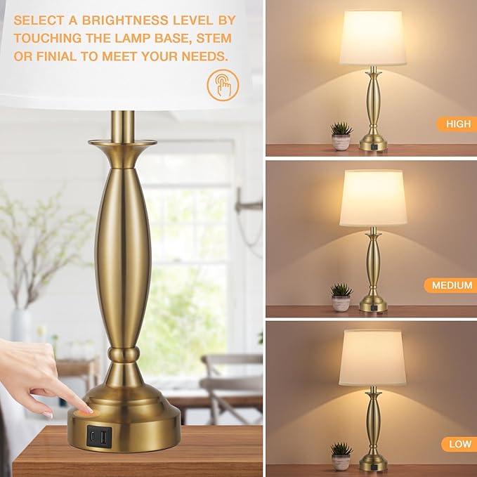 White Gold Lamps for Bedrooms Set of 2 - Touch Control Bedside Lamp with USB C+A, 3 Way Dimmable Nightstand Lamps with USB Port, Table Lamp for Living Room(White Shade and Gold Base) - Bloomnest