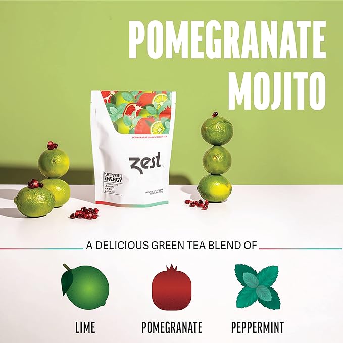 Zest Energy Green Tea - Pomegranate Mojito Loose Leaf Blend - High Caffeine Peppermint - Caffeinated Coffee Substitute - Natural, Non-GMO & Keto Friendly - Hot or Iced - 50 Servings - 135mg Caf - Bloomnest