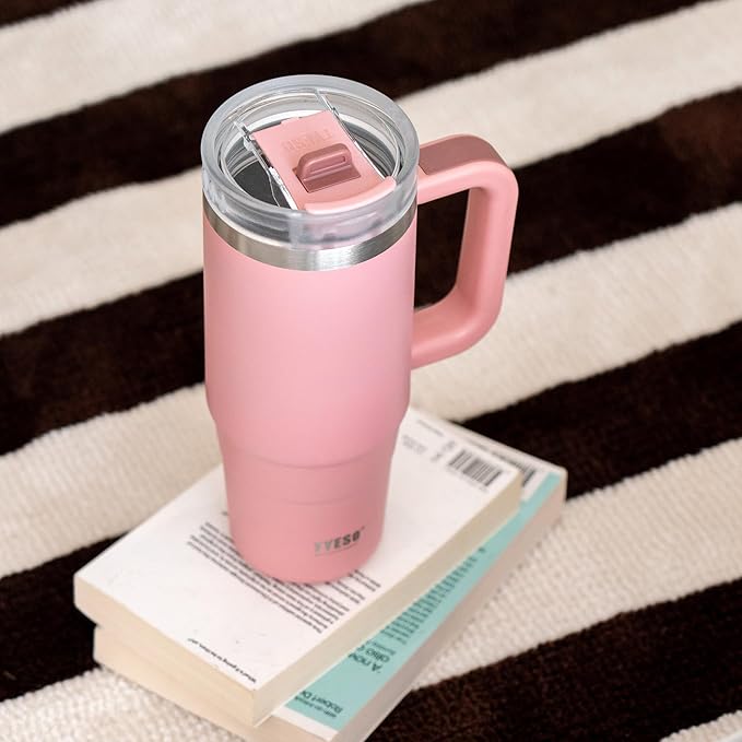 Tyeso 30 oz Tumbler with Handle, Straw and Lid - Leak Resistant Insulated Stainless Steel Water Bottle, Car Cup Holder Friendly Travel Coffee Mug Pink - Gifts for Men & Women - Bloomnest