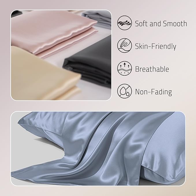 Mulberry Silk Pillowcases Set of 2, Both Sides Real Silk Pillowcase for Hair and Skin Cool Pillowcase Organic Silk Pillowcase 2 Pack with Hidden Zipper, Dusty Blue, Standard (20"×26") - Bloomnest