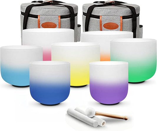 RYAN DVAN 432hz 6-12 Inch Set of 7 Pcs Gradient Design Quartz Crystal Singing Bowl Chakra Set Sound Therapy for Yoga, Reiki, Chakra Healing Energy Tuning & Mindfulness Kit - Bloomnest
