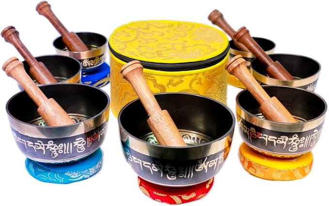 Chakra Healing Tibetan Singing Bowl Sets 7 Sets of Meditation Bowls From Nepal (Black painted) Bloomnest