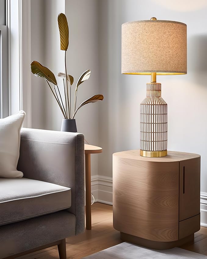 25" Table Lamps Set of 2, Modern Ceramic Bedside Lamps - Farmhouse Brown Nightstand Lamps for Bedroom, Boho Living Room End Table & Office Desk Decor - Bloomnest