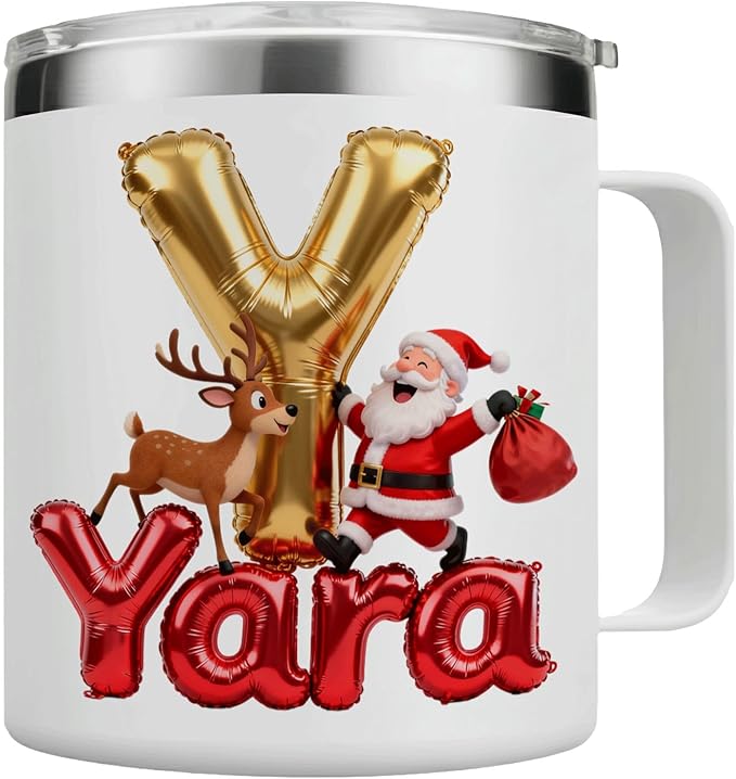 Personalized Christmas Insulated Coffee Mug with Handle – Custom Gold Balloon Initial Letter [S] Double Wall Stainless Steel Travel Tumbler – Unique Holiday Gift for Men, Women, & Kids(B114) - Bloomnest