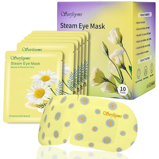 Serfeymi 10 Packs Steam Eye Masks,Disposable Self Heated Warm SPA Moist Eye Mask Compress Pad for Sleeping,Eye Fatigue Relief,Christmas Stocking Stuffers - Upgraded Scent-Chamomile - Bloomnest