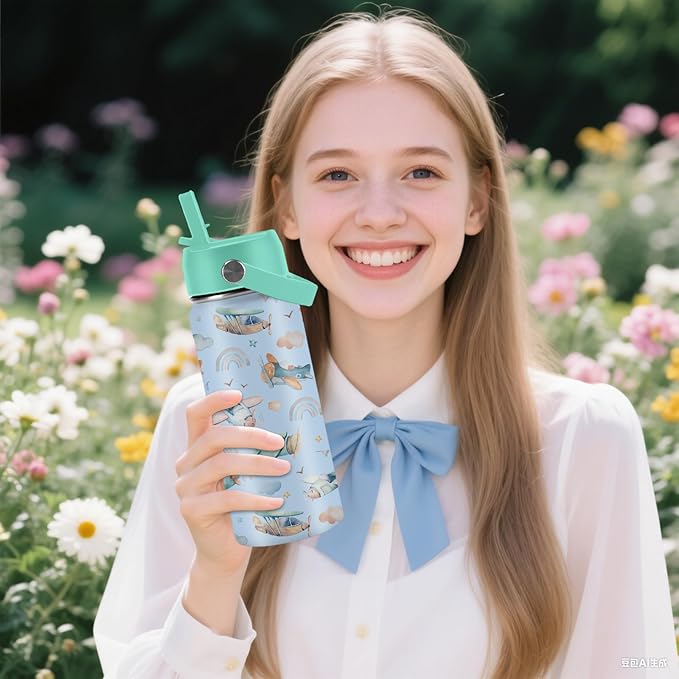 Airplane Gifts - 16oz Kids Blue Airplane Water Bottle with Straw Lid, Stainless Steel Insulated Tumbler, Leakproof, BPA-Free, for Boys, School, Travel - Helicopter Pilot Lovers Birthday Gift Cup (1pc) - Bloomnest