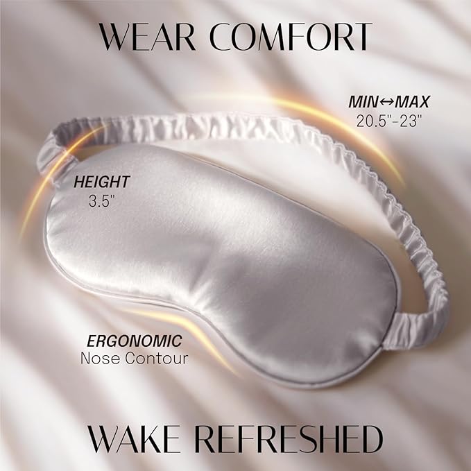 OLESILK Silk Sleep Eye Mask Blindfold with Double Layer Filling for Full Night's Sleep, Silk Wrapping Strap- Luxury Eye Cover Eyeshade for Women Men with Travel Bag and Ear Plugs, Silver - Bloomnest
