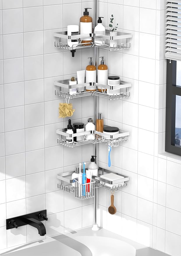 KEGII Shower Caddy Corner Tension Pole - Adjustable Corner Shower Organizer with Tooth Brush Holder, No Drilling Rustproof Bathroom Shelf Storage Rack, Fits 25-114.2 Inch, Silver - Bloomnest