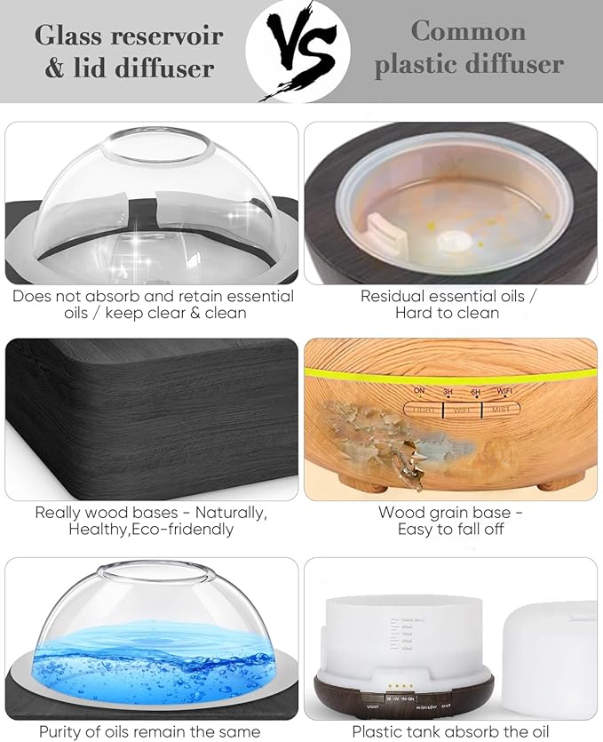 Glass Dome Essential Oil Diffuser with Glass Reservoir & Wood Base-Plastic Free, 200ml Ultrasonic Diffuser for Aromatherapy with Timer 7 Color Light Auto-Off for Home Office Yoga Dark Brown - Bloomnest