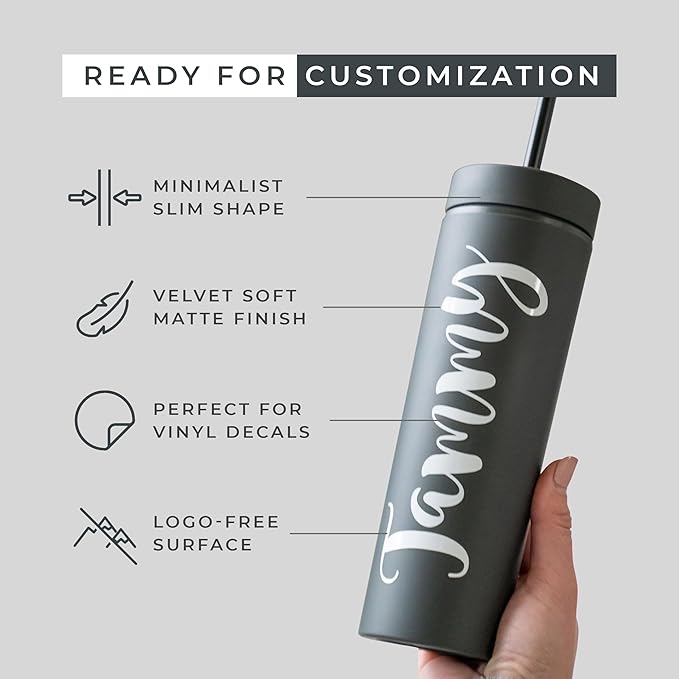 STRATA CUPS Black Skinny Tumblers with Lids and Straws (12 pack) - 16oz Double Wall Acrylic Tumbler, Tall Matte Skinny Tumblers, Bulk with Free Straw Cleaner, Reusable Cups - Bloomnest