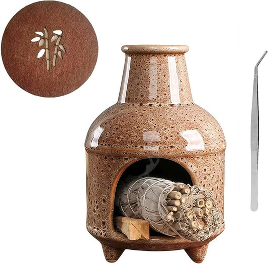 Handmade Spotted Brown Ceramic Palo Santo Holder Burner & Sage Holder - Mini Tabletop Chiminea Burner Tray with Ash Catcher, Decorative Incense Holder for Spiritual Meditation & Yoga
