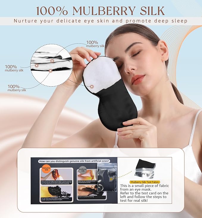 HiRui Silk Sleep Mask, 100% Natural Mulberry Silk of Double-Sided & Inner-Filling, Ultra-Smooth Soft, Adjustable Strap, Blocks Light for Night Sleeping, Travel, Office Naps (Black) - Bloomnest