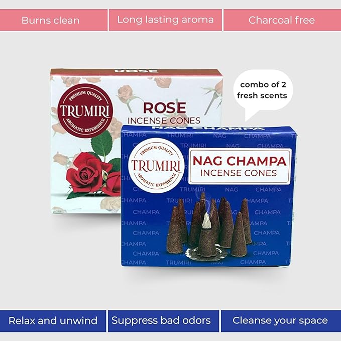 TRUMIRI Incense Cones - Combo Pack of 20 Cone Incense - Nag Champa & Rose Scents TRUMIRI